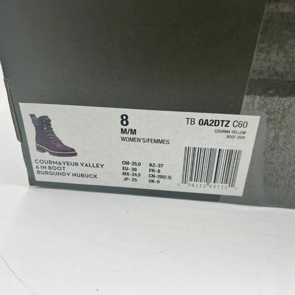 NWT Timberland Women Courmayeur Valley 6" Boot Medium Burgundy Nubuck Size 8 - Picture 7 of 7